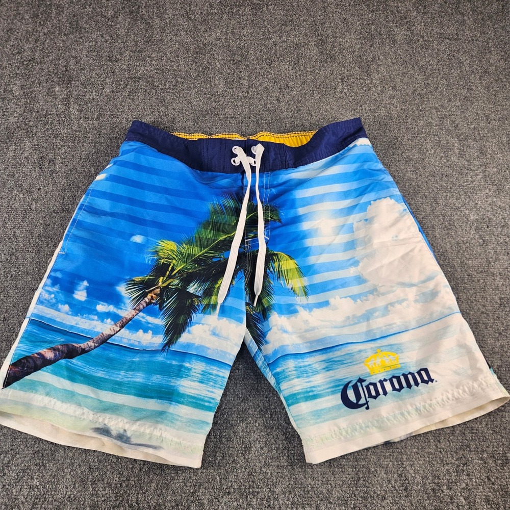 Corona Extra Mens‎ Small Blue Tropical Palm Tree Board Shorts Swim Trunks Mesh